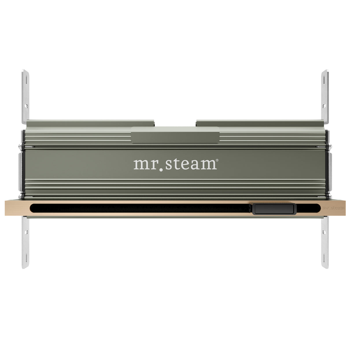 Mr.Steam Linear SteamHead, a sleek, anodized aluminum steam dispersion system with a minimalistic design, featuring an integrated aromatherapy reservoir on the right side.