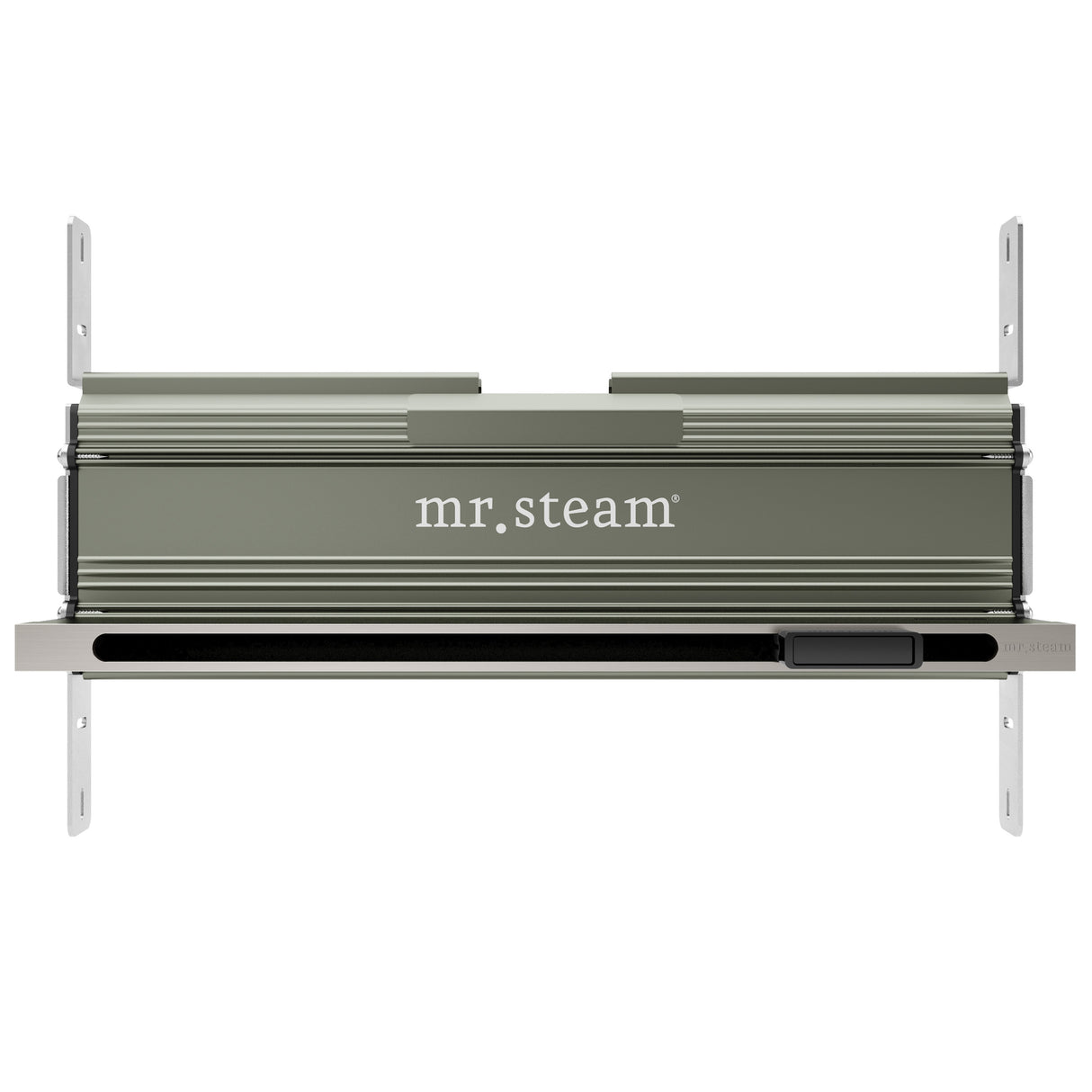 Mr.Steam Linear SteamHead, a sleek, anodized aluminum steam dispersion system with a minimalistic design, featuring an integrated aromatherapy reservoir on the right side.