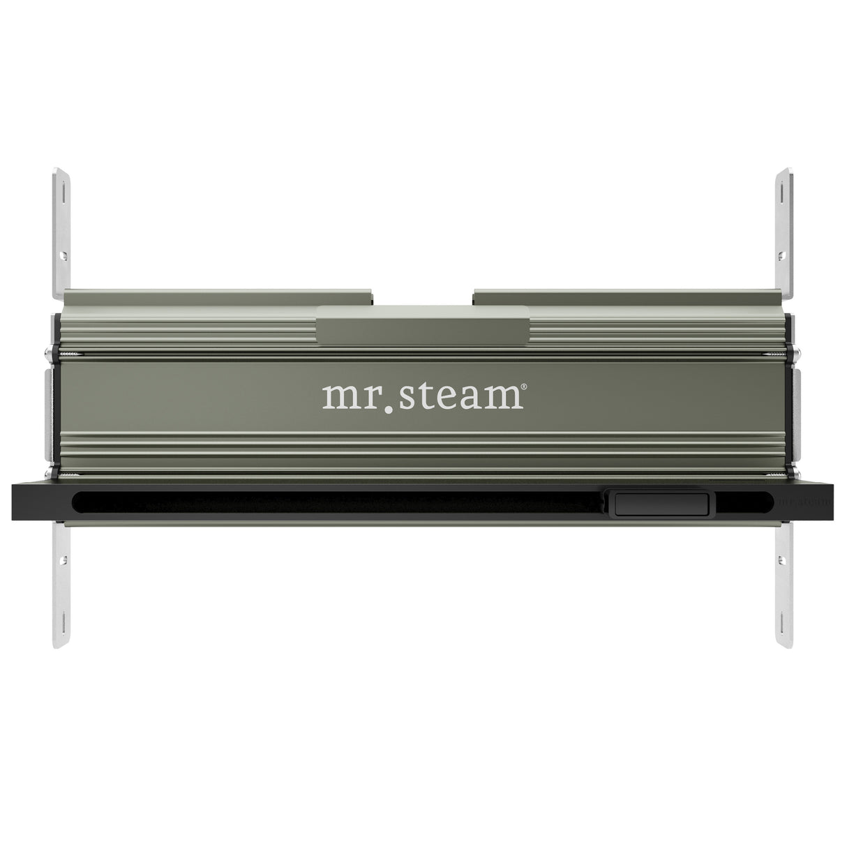 Mr.Steam Linear SteamHead, a sleek, anodized aluminum steam dispersion system with a minimalistic design, featuring an integrated aromatherapy reservoir on the right side.