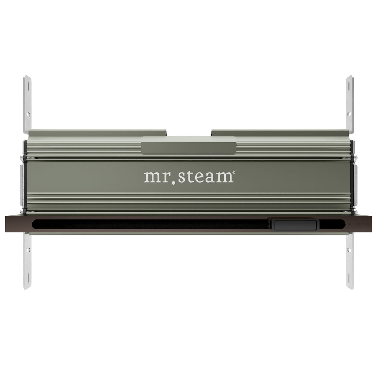 Mr.Steam Linear SteamHead, a sleek, anodized aluminum steam dispersion system with a minimalistic design, featuring an integrated aromatherapy reservoir on the right side.