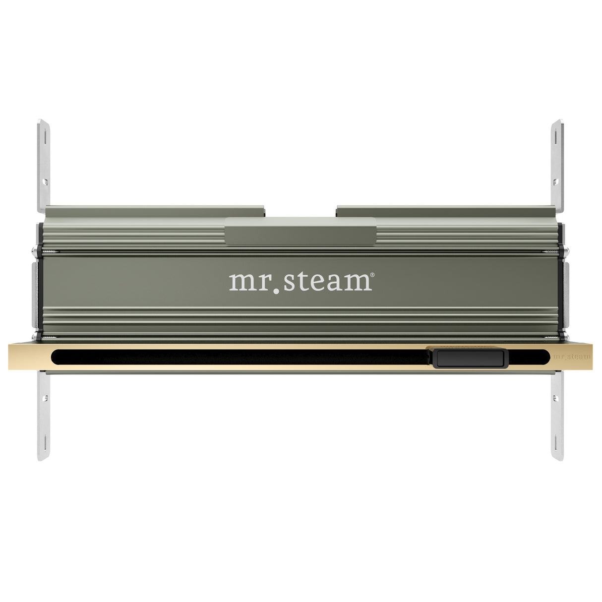Mr.Steam Linear SteamHead, a sleek, anodized aluminum steam dispersion system with a minimalistic design, featuring an integrated aromatherapy reservoir on the right side.