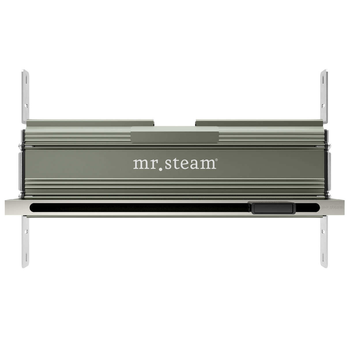 Mr.Steam Linear SteamHead, a sleek, anodized aluminum steam dispersion system with a minimalistic design, featuring an integrated aromatherapy reservoir on the right side.