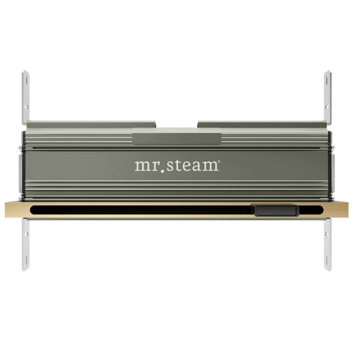 Mr.Steam Linear SteamHead, a sleek, anodized aluminum steam dispersion system with a minimalistic design, featuring an integrated aromatherapy reservoir on the right side.