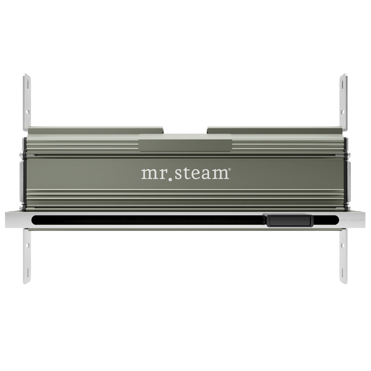 Mr.Steam Linear SteamHead, a sleek, anodized aluminum steam dispersion system with a minimalistic design, featuring an integrated aromatherapy reservoir on the right side.