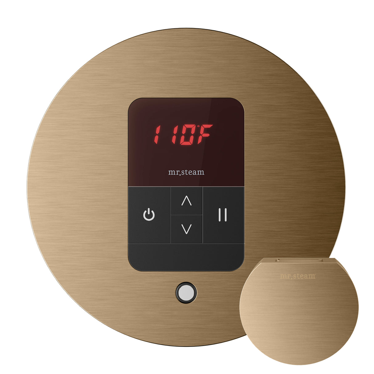 Mr.Steam iTempo Steam Shower Control panel in gold color with a digital display and control buttons, alongside a remote-like device.