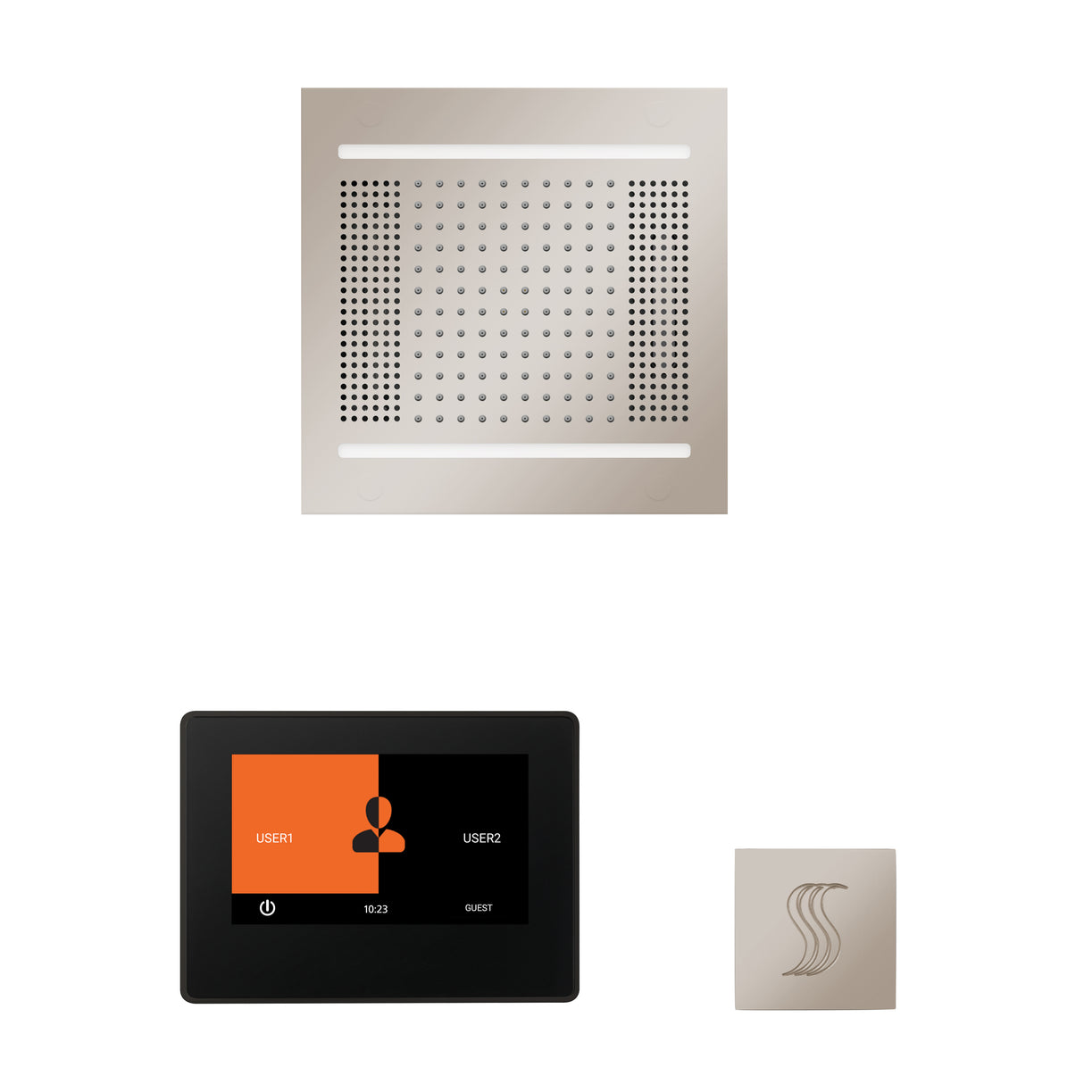 ThermaSol ThermaTouch 7" Steam Control, HydroVive 14" Square, and SteamVection Shower Package