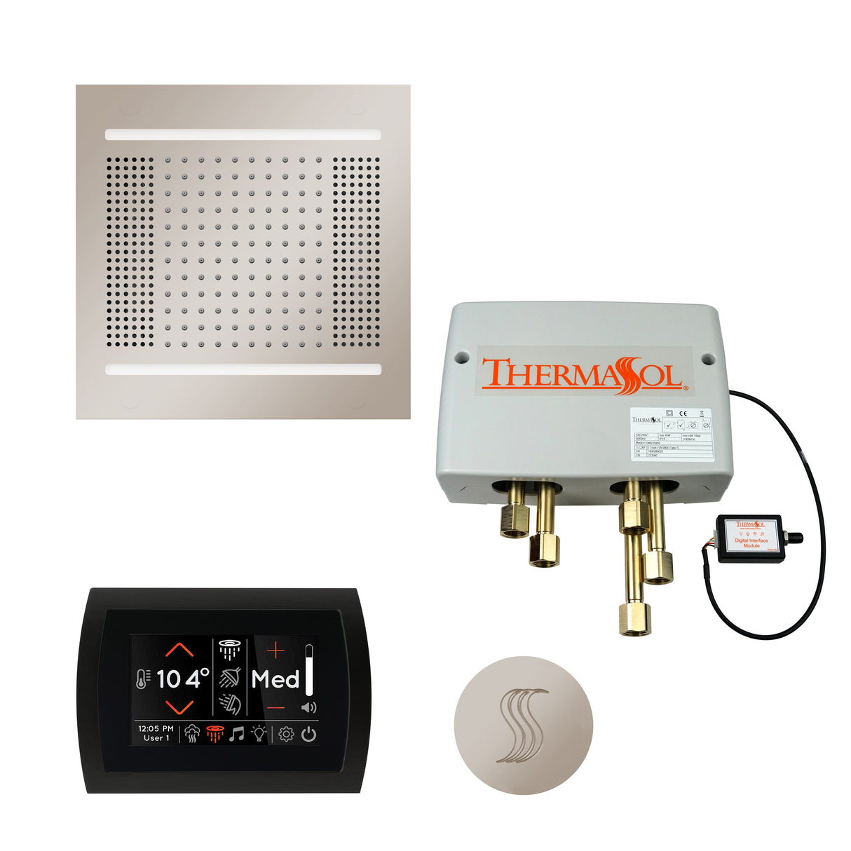 ThermaSol SignaTouch 5" Control HydroVive 14"in Rainhead Total Steam Shower Package, Square